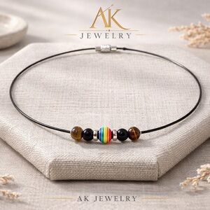 💎Pride Necklace, Wire Choker with Brown Beads and One Center Pride Bead